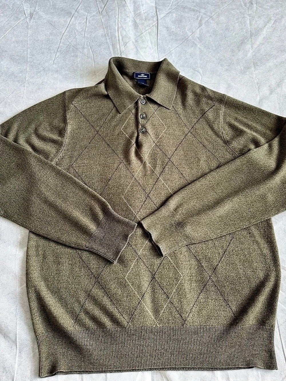 Dockers Mens Argyle Knit Polo Sweater Green Long Sleeve Size Large Acrylic